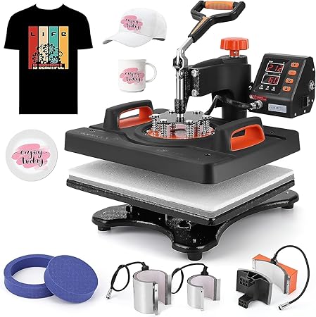 Heat Press Machine for T Shirts, 6 in 1 Auto Hat Heat Press Sublimation, 800W 360° Rotation Swing-Away, Dual-Tube Heating Printing for DIY T-Shirts Cap Hat Mugs-12 X 15'' Black