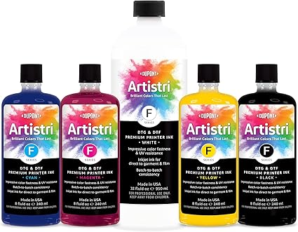 Artistri® - F Series DTG & DTF Ink - CMYK 8 oz Each and W 32 oz Value Pack