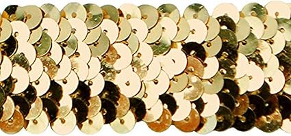 Trims By The Yard 3-Row Metallic Stretch Sequin Trim, 1 1/4-Inch Versatile Sequins for Crafts, Durable Sequin Trim for Costumes, Fashion, and Home Decor, 20-Yard Cut, Gold