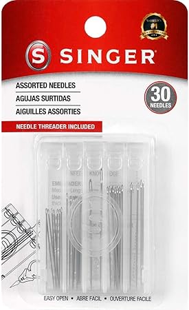 SINGER 07370 Hand Sewing Needles in Compact with Needle Threader, Assorted Sizes, 30-Count,