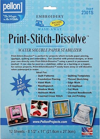 Pellon 2301S Print-Stitch-Dissolve Stabilizer for Embroidery, White, 8.5