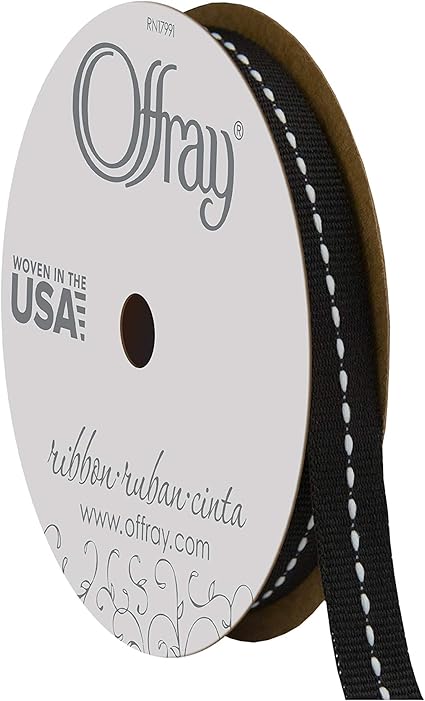 Offray, Black & White Center Stitch Craft Ribbon, 3/8-Inch x 12-Feet