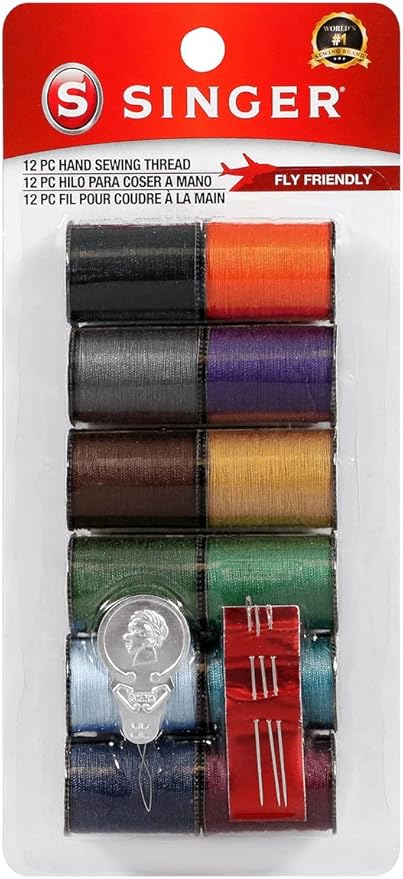 SINGER 60641 Polyester Hand Sewing Thread, Assorted Colors, 12 Small Spools, Dark