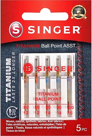 SINGER Titanium Universal Ball Point Machine Needles for Knit Fabric, Assorted Sizes, 5-Count