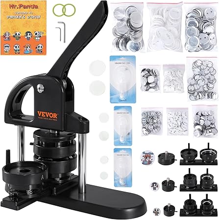 VEVOR Button Maker, 1/1.25/2.28 inch(25/32/58mm) 3-in-1 Pin Maker with 300pcs Button Parts, Ergonomic Arc Handle Punch Press Kit, Button Maker Machine with Panda Magic Book, for Children DIY Gifts