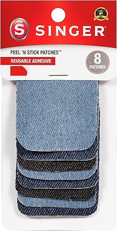 SINGER 00378 Peel N Stick Reusable Patches, 2-Inch x 3-Inch, Assorted Denim, 8-Count, White