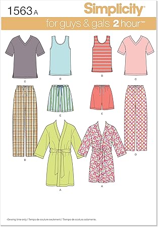 Simplicity US1563A Easy to Sew Teen's, Men's and Women's Pajama Sewing Pattern Kit, Code 1563, Sizes XS-XL