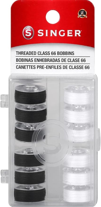 SINGER Class 66 Prewound Plastic Bobbins, Transparent – Black & White, 50 Yards Each, Washable and Colorfast Polyester Threaded Bobbins with Storage Case, 12ct