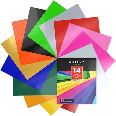 Arteza HTV Vinyl Bundle, 14 Multi-Color Iron On Heat Transfer Sheets, 10x12 Inches, Flexible & Easy to Weed, Use with Any Craft Cutting Machine, Boxed