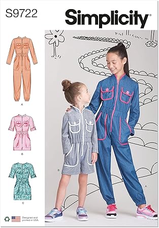 Simplicity Children's and Girls' Jumpsuit, Romper and Dress Sewing Pattern Kit, Code S9722, Sizes 3-4-5-6, Multicolor