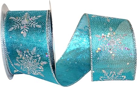 Reliant Ribbon 92440W-913-40H Glitter Snowflakes Glimmer Wired Edge Ribbon, 2-1/2 Inch X 20 Yards, Turquoise