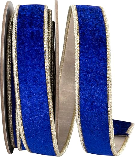 Reliant Ribbon Plush Royal Velvet Deluxe Dupioni Metallic Backed Wired Edge Ribbon, Cobalt Blue/Gold