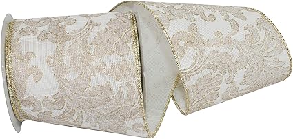 Reliant Ribbon Filigree Rococco Elegance Wired Edge Ribbon, 4 Inch X 10 Yards, Ivory/gold