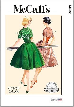 McCall's Vintage 1950's Misses' Midriff Dresses Sewing Pattern Kit, Design Code M8401, Sizes 8-10-12-14-16