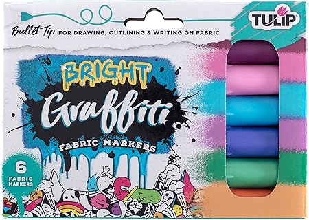 Tulip Graffiti Fabric Markers Bullet Tip 6pk, Bright, Premium Quality Ink, Permanent, Child Safe, for Fabric Painting, Drawing, Coloring, Writing on Clothes