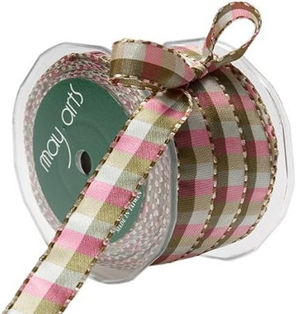 May Arts 1/2-Inch Wide Ribbon, Green and Pink Check