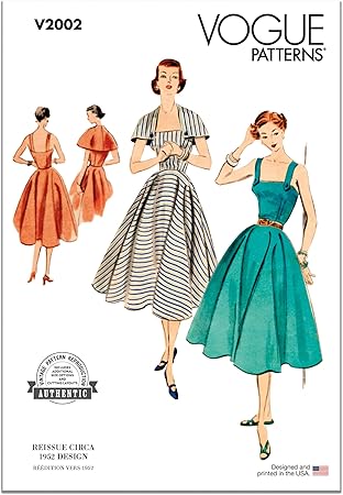 Vogue Misses' Vintage 1952 One-Piece Dress and Capelet Sewing Pattern Packet, Design Code V2002, Sizes 8-10-12-14-16, Multicolor