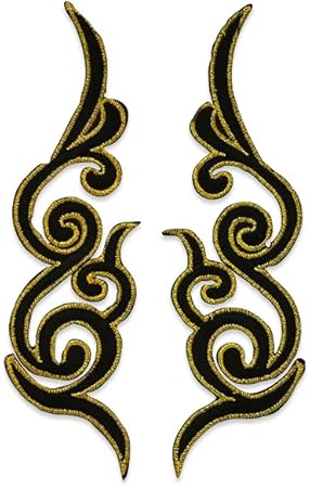 Expo International Pair of Caravaggio Scrollwork Iron On Embroidered Patches/Appliques, Black/Gold