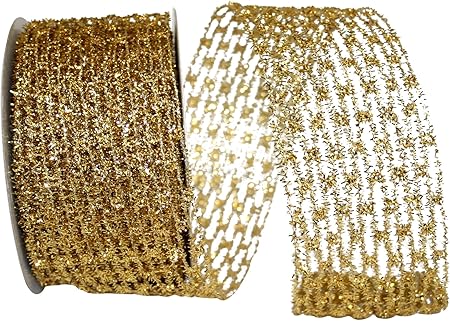 Reliant Ribbon 92167W-035-40F Flex Net Stretch Metallic Wired Edge Ribbon, 2-1/2 Inch X 10 Yards, Gold