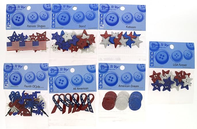 Dress It Up 9086 Patriotic Button Embellishment Assortment - 12 Pack - Includes Extra Free Button Embellishment Pack