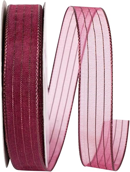 Reliant Ribbon 2556-090-03J Metallic Organza Stripe Ribbon, 5/8 Inch X 25 Yards, Burgundy