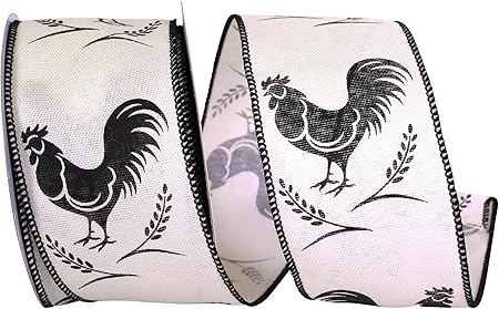 Reliant Ribbon 94101W-982-40F Rooster Linen Silhouette Wired Edge Ribbon, 2-1/2 Inch X 10 Yards, White/Black