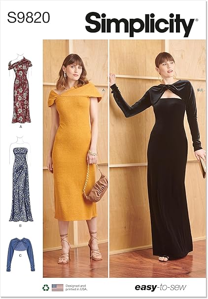 Simplicity Misses' Semi-Fitted Knit Dresses and Shrug Sewing Pattern Kit, Design Code S9820, Sizes 8-10-12-14-16, Multicolor