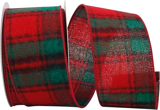 Reliant Ribbon 92493W-985-40F Flannel Duff Plaid Wired Edge Ribbon, 2-1/2 Inch X 10 Yards, Red/green