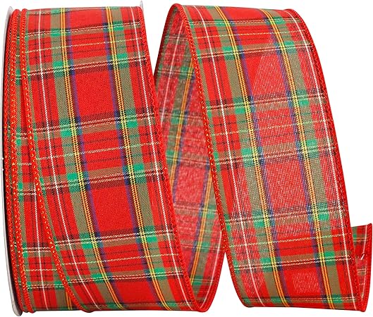 Reliant Ribbon Plaid Multi Classic Value Wired Edge Ribbon, 2-1/2 Inch X 50 Yards, Red