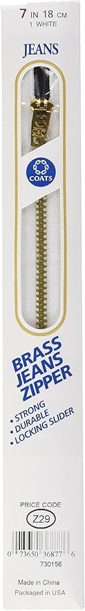 Coats Thread & Zippers F2707-WHT Brass Jean Metal Zipper, 7