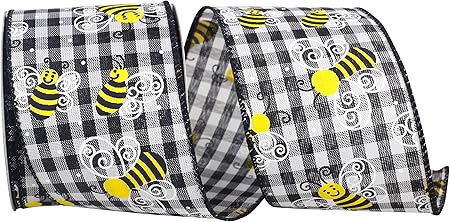 Reliant Ribbon 93618W-984-40F Bumble Bee Gingham Check Wired Edge Ribbon, 2-1/2 Inch X 10 Yards, Black/White