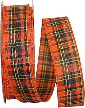 Reliant Ribbon 92685W-517-09K Festive Plaid Value Wired Edge Ribbon, 1-1/2 Inch X 50 Yards, Orange/black