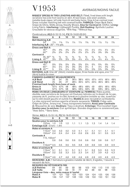 Vogue Misses' Belt and Lined Dress Sewing Pattern Packet, Design Code V1953, Sizes 6-8-10-12-14