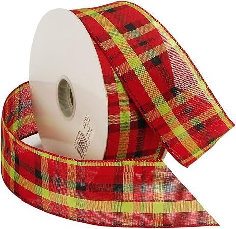 Morex Ribbon Gala Plaid Wired Fabric Ribbon, 2 1/2-Inch by 50-Yard Spool, Red/Lime (7419.60/50-609)