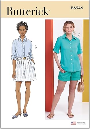 Butterick Misses' Collared Shirts and Pleated Shorts Sewing Pattern Kit, Design Code B6946, Sizes 4-6-8-10-12, Multicolor