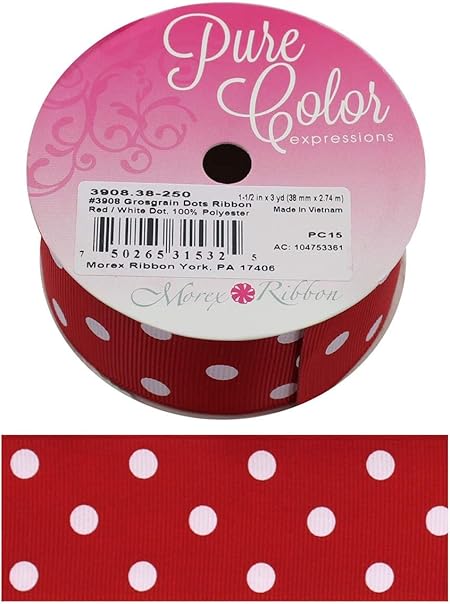 Morex Polka Dots Ribbon, Grosgrain, 1.5 inch by 3 Yards, Red with White dots