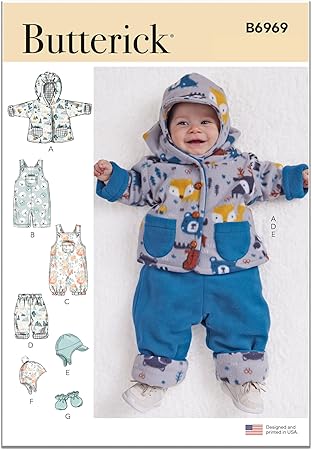 Butterick Infants' Jacket, Overalls, Pants, Hats and Mittens Sewing Pattern Kit, Design Code B6969, Sizes XXS-XS-S-M-L, Multicolor