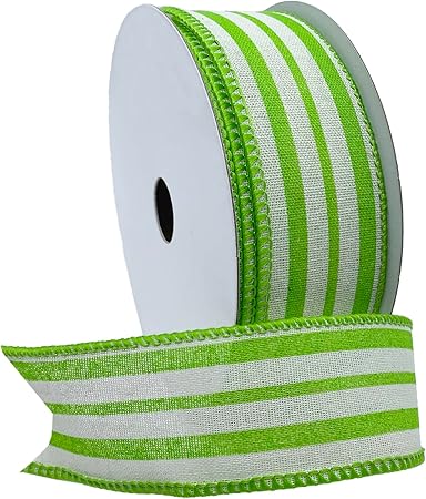 Morex Ribbon Wired Linen Spring Cabana Stripes Ribbon, 1.5 inches by 10 Yards, Apple Green, 7579.40/10-550