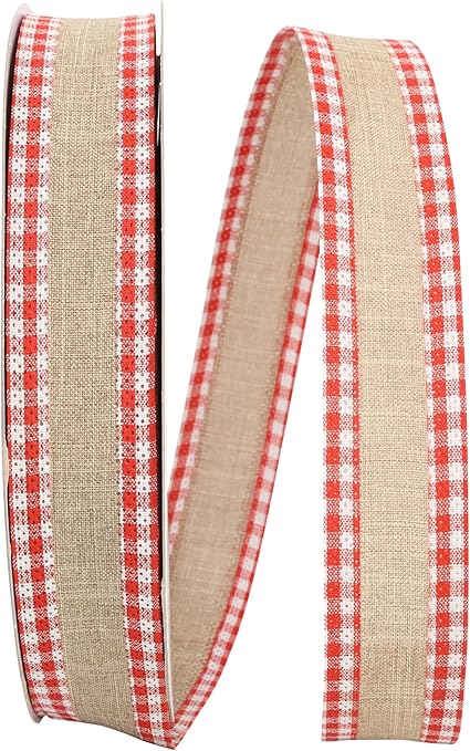 Reliant Ribbon Linen Gingham Check Value Wired Edge Ribbon, 1-1/2 Inch X 50 Yards, Natural/red