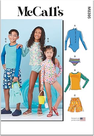 McCall's Children's Bodysuit, Rash Guard, Bikini, Shorts, and Top Sewing Pattern Packet, Design Code M8395, Sizes 7-8-10-12-14