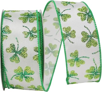 Reliant Ribbon Glitter Shamrock Clover Wired Edge Ribbon, 1-1/2 Inch X 10 Yards, White/green