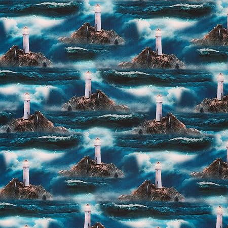 MOOK FABRICS Cotton Lighthouse in The Storm, Blue 15 Yard Bolt