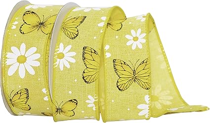 Morex Ribbon Wired Taffeta Daisies & Butterflies Ribbon, 1.5 inch by 10 yards, Yellow, 7594.40/10-605