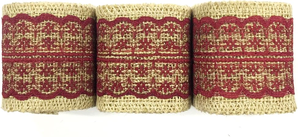 Wrapables® Hessian Burlap with Lace Ribbon 2.5 Inch Width x 2 Yards Length (Set of 3), Burgundy