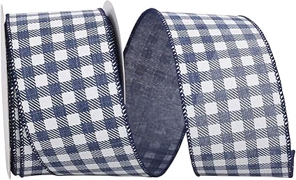 Reliant Ribbon Gingham Twill Print Linen Wired Edge Ribbon, 2-1/2 Inch X 10 Yards, Navy/white