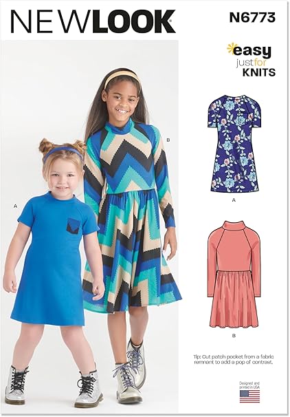 New Look Easy Children's and Girls' Knit Dresses Sewing Pattern Packet, Design Code N6773, Sizes 3-4-5-6-7-8-10-12-14, Multicolor