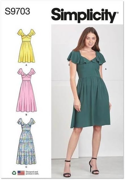 Simplicity Misses' V-Neck Dresses Sewing Pattern Kit, Code S9703, Sizes 12-14-16-18-20, Multicolor