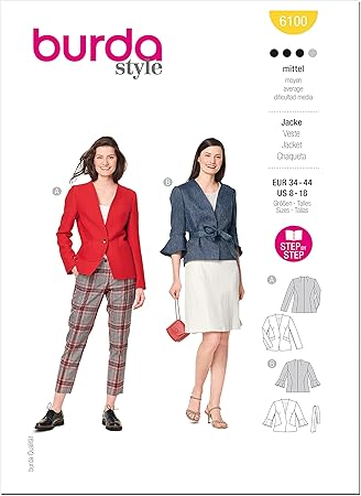 Burda Style Misses' Lined Jacket, Code 6100 Sewing Pattern Kit, Sizes 8-18, Multicolor