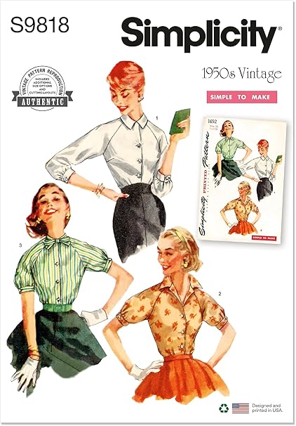 Simplicity Easy Misses' Vintage 1950's Blouses Sewing Pattern Kit, Design Code S9818, Sizes 6-8-10-12-14, Multicolor