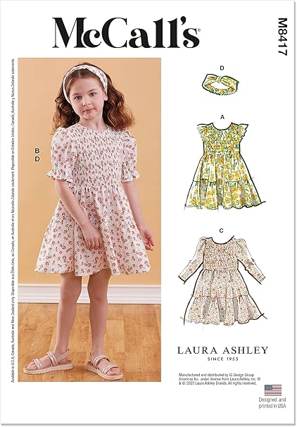 McCall's Children's Dress and Headband Sewing Pattern Kit by Laura Ashley, Design Code M8417, Sizes 3-4-5-6-7-8, Multicolor